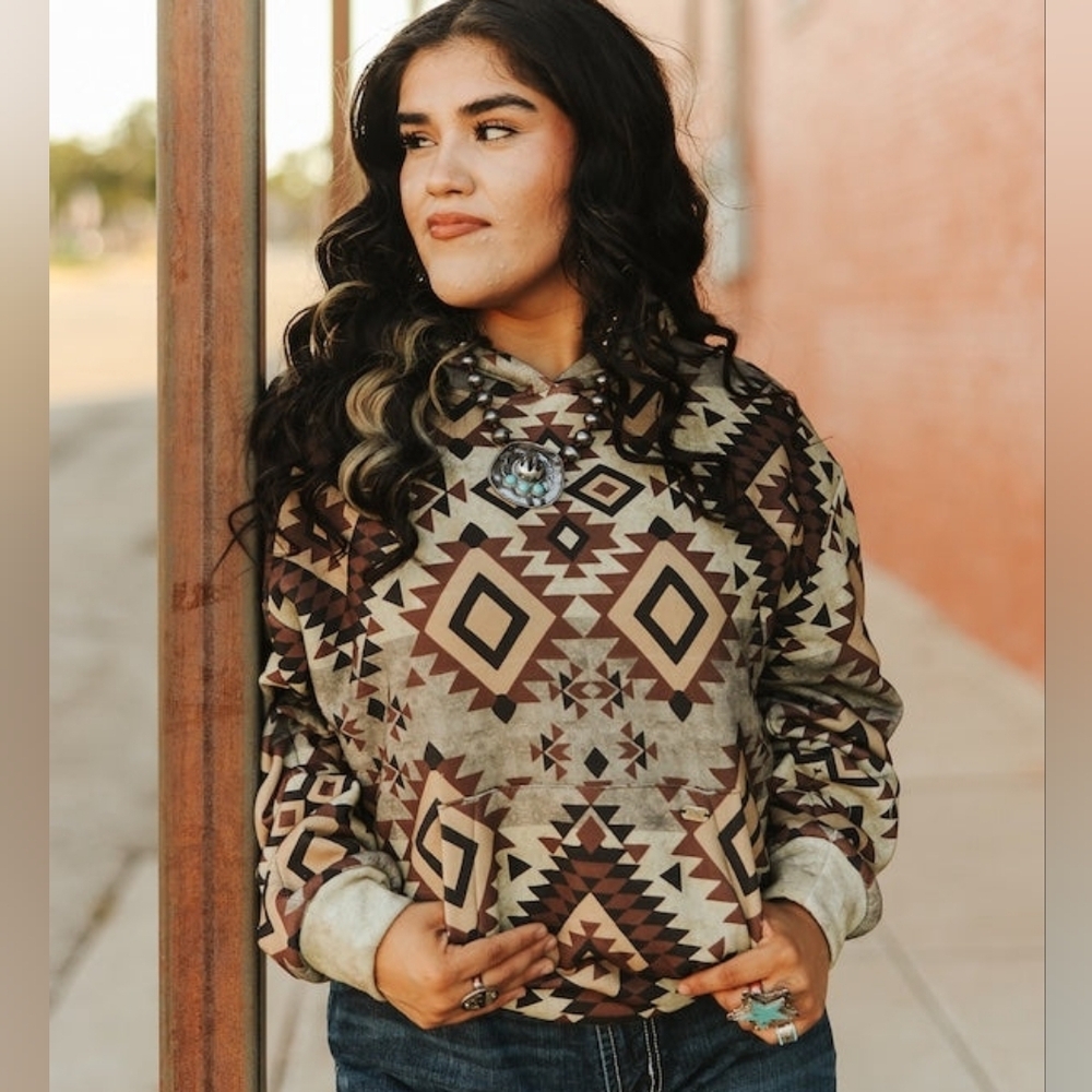 NWT Lucky And Blessed Western Brown Vintage Aztec Printed Drawstring Hoodie